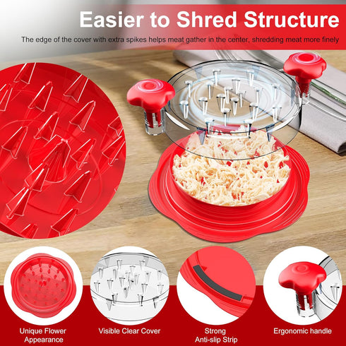 Large Chicken Shredder Tool with Twist, Brush & Fork, Visible Meat Shredder Machine, Ergonomic Handle, BPA Free, Red