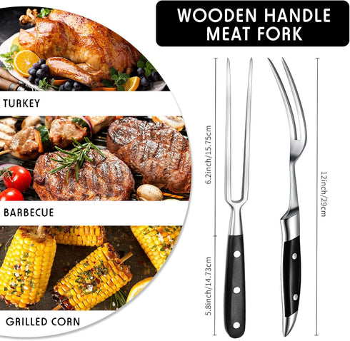 CHENGU 2 Pieces Carving Fork for Meat, 12 Inch Kitchen Stainless Steel Serving Cooking Fork with Wood Handle