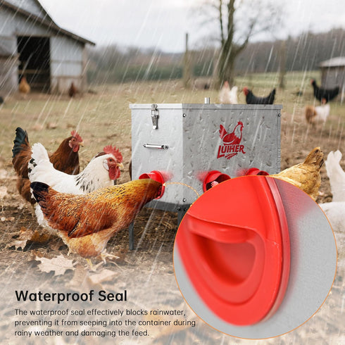 LUIHER 40lb 6 Chicken Food Dispenser Ports Large Capacity Galvanized Metal Poultry Feeder with Legs and Lids - Reduces