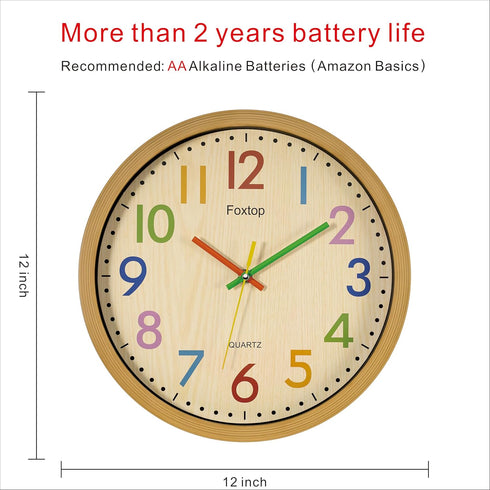 Foxtop 12 Inch Silent Kids Wall Clock - Non-Ticking Battery Operated Colorful Clock for Nursery & Classroom