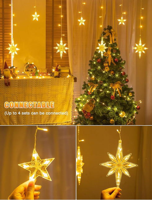 126 Lights,7.8ft in,8 LED Star Icicle Connectable Window Curtain Lights Plug Lighting Modes Timer Bethlehem Star