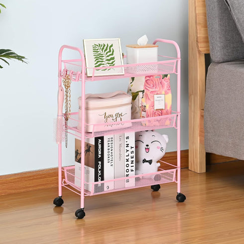 TOOLF 3-Tier Metal Rolling Cart, Utility Trolley on Wheels with 3 Hooks, Easy Assemble Mesh Wire Storage for Kitchen