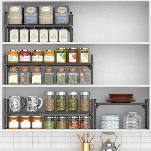 iPEGTOP Large Expandable Cabinet Storage Shelf Organizer Rack - Heavy Duty Stackable Steel Metal Spice Rack, Black - 1