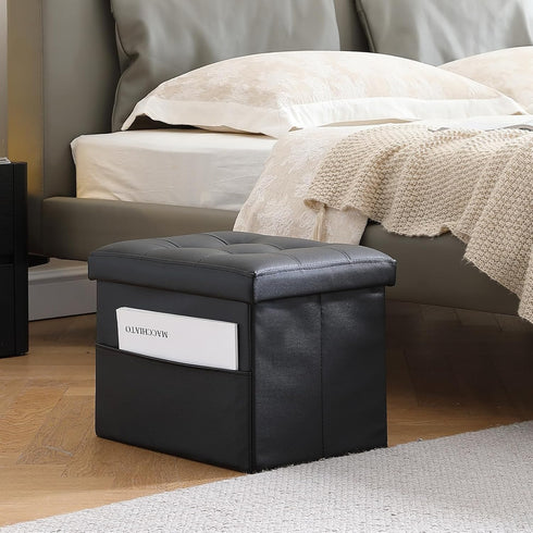 L17W13H13inches Collapsible Ottoman with Storage - Foot Rest Ottoman with Side Pocket - Black