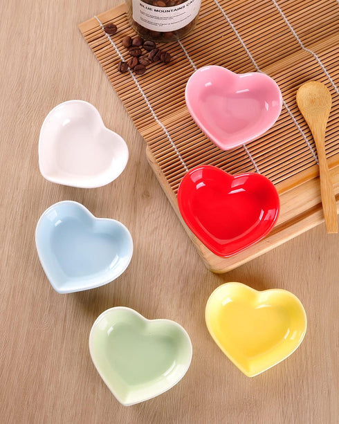 WHJY Blue Love Heart Shaped Ceramic Side Dish Bowl, Contemporary Porcelain Seasoning Dishes Set of 6