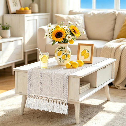 yuboo Boho Table Runner 36 Inches, Small Macrame Cream Coffee Table Runner