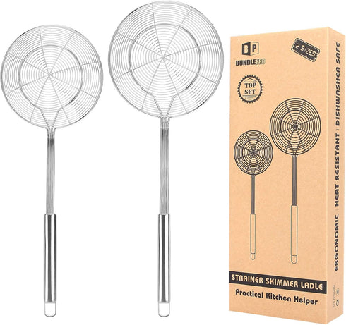 Pack of 2 Large Spider Strainer - Stainless Steel Skimmer Basket, Kitchen Ladle Strainers for Cooking