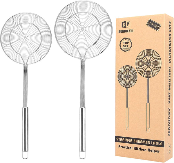 Pack of 2 Large Spider Strainer - Stainless Steel Skimmer Basket, Kitchen Ladle Strainers for Cooking