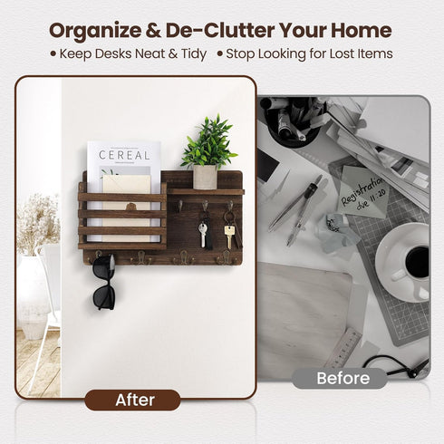 Nekon Mail Holder for Wall - Mail Organizer with Key Hooks, Letter Sorter, Natural Wood, Floating Shelf, Flush Mount
