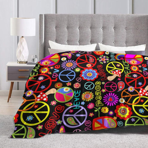 VOOHDDY Cozy 80"x60" Funny Colorful Hippie Peace Love Blanket, Soft Blankets Flannel Bed Throw Lightweight Plush Gifts