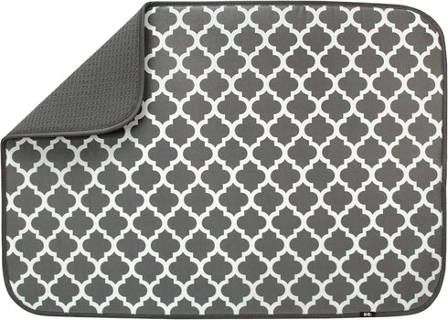S&T INC. XL Dish Drying Mat 18” x 24” Absorbent Microfiber Kitchen Counter Pad in Pewter Grey Trellis