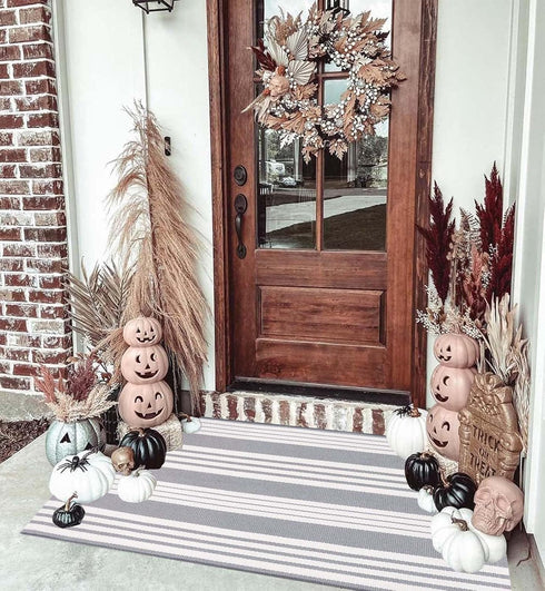 Grey and White Striped Doormat 24'' x 35'', Machine Washable Indoor Outdoor Rug for Front Porch