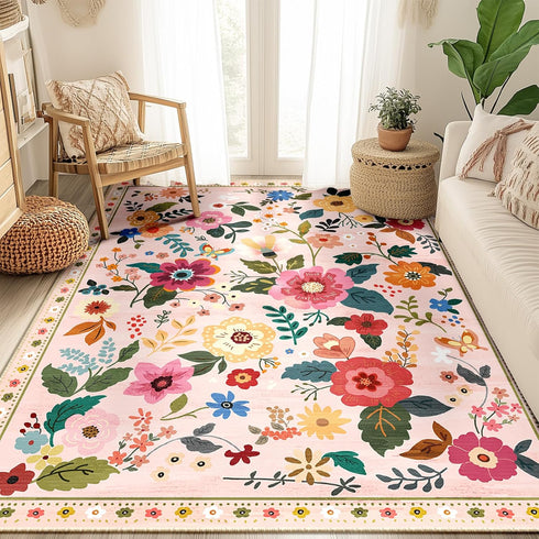 5x7 RELEANY Floral Area Rug Machine Washable Soft Print Boho Carpet Non Slip Doormat Low Pile Flower Area Rugs