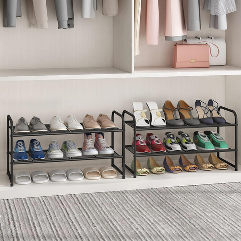 2-Tier Simple Trending Stackable Shoe Rack, Metal Shoe Shelf Storage Organizer, Black
