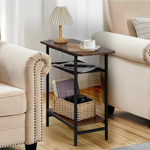 Tedheve 3-Tier Side Table for Living Room, Narrow End Table for Small Spaces with Wide Storage Tabletop,Rustic Brown