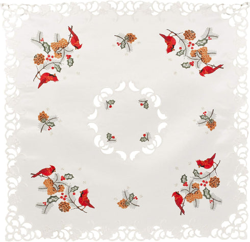 Embroidered Christmas Red Cardinals and Pine Cones Table Topper, Small Tablecloth (33 Inch Square)