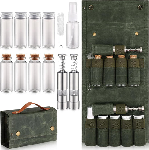 8 2 1 Set TOBWOLF Portable Spice Bag for Travel, Camping Spice Kit with Jars, Salt/Pepper Grinders, Oil Spray, Foldable