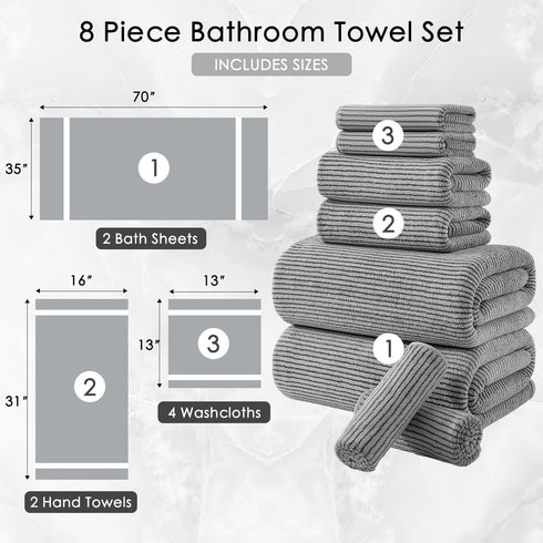 8-Piece Set Bathroom|2 Sheet,2 Towels,4 Cozy Set Premium Towel for Oversized Large Bath Hand Washcloths|Soft Highly