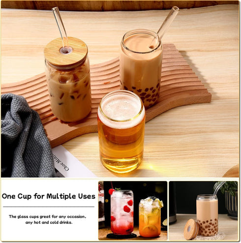 DWTS 4pcs Glass Cups with Lids & Straws - Coffee Tumbler Set, Drinking Glasses Gift with 2 Cleaning Brushes