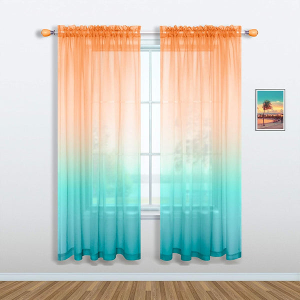Orange and Green Curtains, 63 Inch Length for Bedroom Decor, 1 Panel Pocket Window Sheer Drape, 52x63 Long