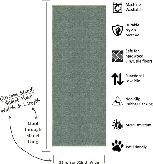 Kapaqua Solid Color Runner Rug, Non Slip Rubber Backing, Custom Length for Hallway Stair Kitchen Living Room, Hunter