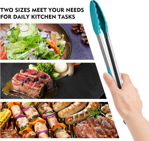HOTEC Premium Stainless Steel Locking Kitchen Tongs Set of 2, 9" and 12", with Silicone Tips, Blue