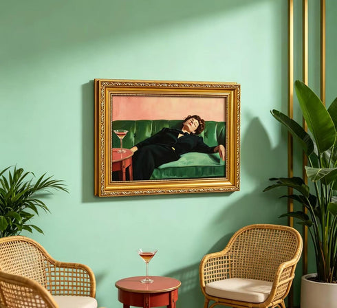 Vintage Gold Framed Bar Wall Art, Victorian Woman and Man on Couch with Martini Oil Painting Canvas Prints, Eclectic