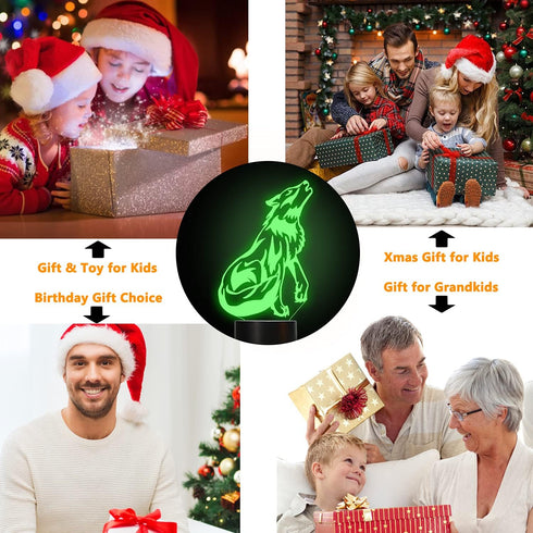 FULLOSUN Wolf Gifts, 3D Night Light for Kids, Optical Illusion Lamp with Remote Controller and 16 Color Changing