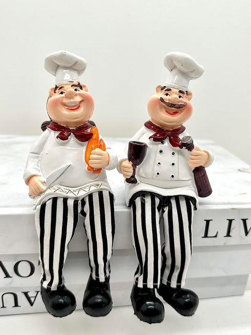 Set of 2 Home Kitchen Decor Chef Figurines, Bread & Wine Shelf Sitters for Kitchen Shelves and Countertop Display