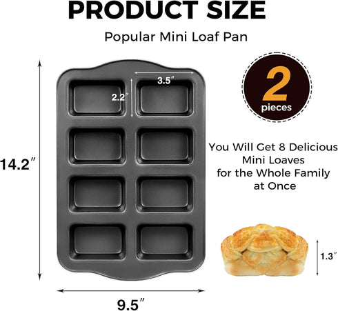 HONGBAKE 2 Pack Mini Loaf Baking Pans 8-Cavity, Nonstick Small Cornbread Pan, Tiny Banana Bread Pan Set, Heavy Duty Brownie Pan, Dark Grey by HONGBAKE