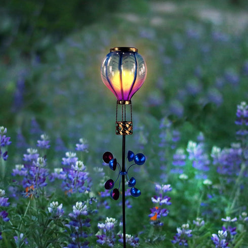 45" Alpine Corporation H Outdoor Solar Hot Air Balloon Spinning Garden Stakes with LED Lights, Blue/Purple