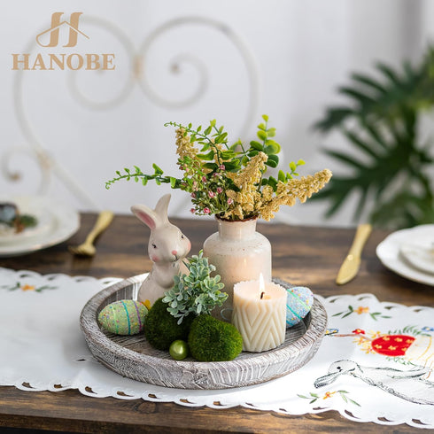 Hanobe Decorative Tray for Coffee Table: Round Candle Plate Holder Centerpieces for Dining Room Kitchen - Wooden