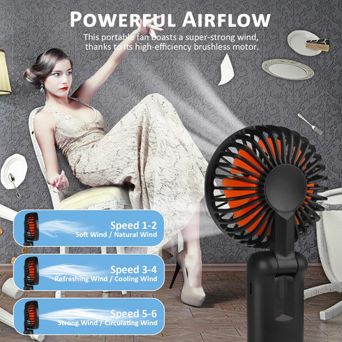 Portable Handheld Fan, Mini Desk Fan with LED Display, 180° Foldable Neck Fan for Travel Outdoor (Black)