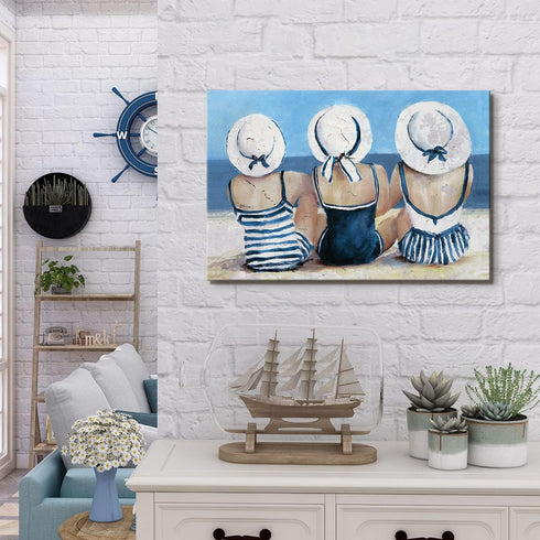 Coastal Wall Art - Nautical Beach Decor Canvas Prints for Bedroom and Living Room, Blue Beach Swimsuit Painting