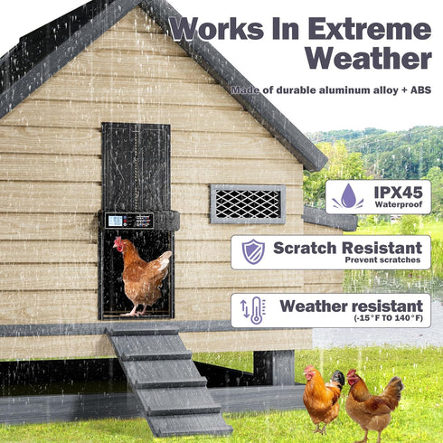 Anti-Pinch IPX45 Extra Large Automatic Chicken Coop Door, Battery Powered Chicken Door with Timer & Manual Control, LED