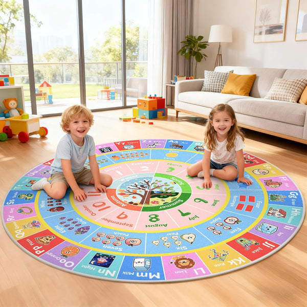 ABC Round Kids Rug for Playroom, 5ft Alphabet Small Classroom Rug, Educational