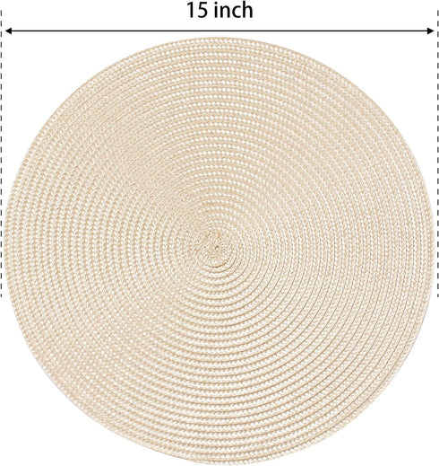 FunWheat Round Braided Placemats Set of 6, 15 inch Non-Slip Washable Table Mats for Dining Tables (Beige, 6pcs)