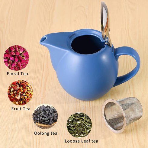 Yundu 32 ounce Blue Porcelain Tea Pot, Stainless Steel Lid and Fine Infuser for Loose Leaf Tea