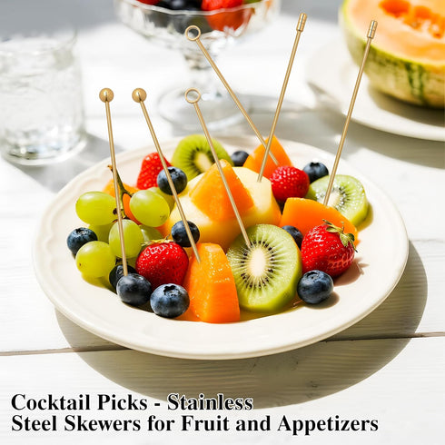 I-MART 15 Pack Stainless Steel Cocktail Picks, Reusable Metal Garnish Sticks for Drinks, Appetizers, 4.25 Inch (Gold)
