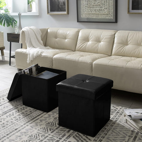 Simplify Faux Leather Folding Storage Ottoman | Single | Collapsible | Tufted Padded Seating | Foot Rest | Bench | Toy