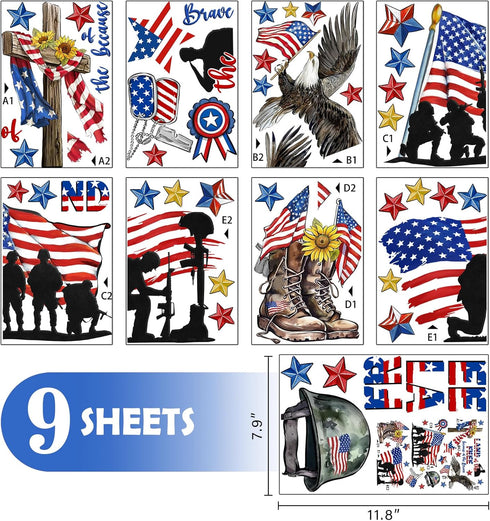 Mfault Memorial Day Land of The Free Window Clings 9 Sheets, 4th of July Patriotic America Military Soldier Boots Cross Stickers Decal Decorations, USA Veterans Day Eagle Helmet Home Kitchen Decor