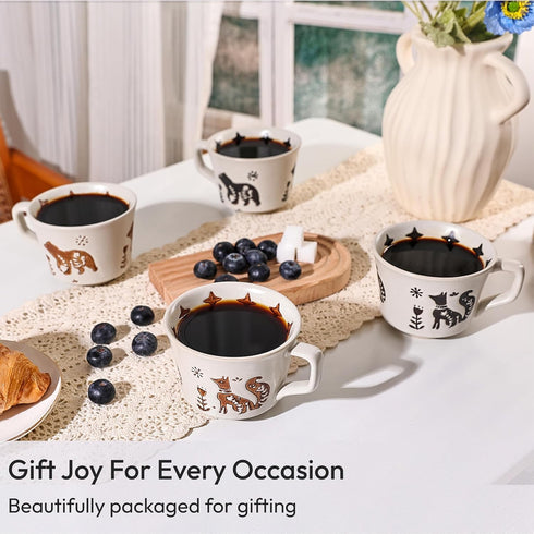 11 oz (Set 4, Ceramic Coffee Mug, Small Novelty Unique Teacup with Handle, Stoneware Cup for Tea Mocha Latte Cappuccino