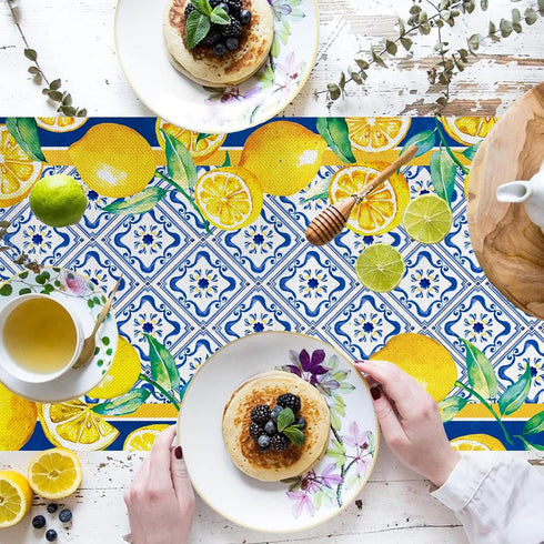 13x90 Inch Capri Blue Lemon Table Runner Italy Tile Burlap Artificial Yellow Lemon Fruit Table Runners Farmhouse Coffee