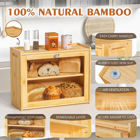 Countertop, Bread Box for Kitchen Double-layers large Bread Container with Transparent Door, Bread Storage&Multiple