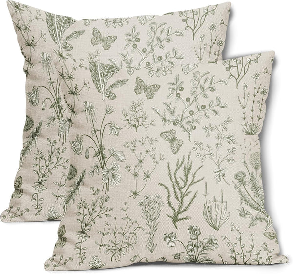 Spring Sage Green Floral Pillow Covers 16x16 Inch - Vintage Wild Flower Herbs Decorative Pillow Cases, Set of 2