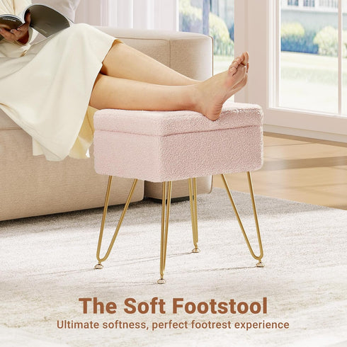 4 Seventable Vanity Stool Chair with Storage, Teddy Velvet Soft Ottoman, Metal Legs with Anti-Slip Feet, Furry Padded