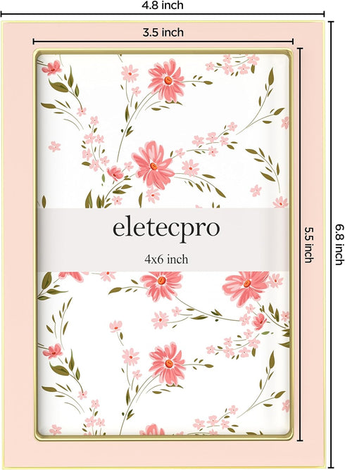 4x6 1 Pack 4x6 eletecpro Enamel Picture Frame with Real Glass Cover, Pink Photo Frame with Gold Metal Edge, Horizontal