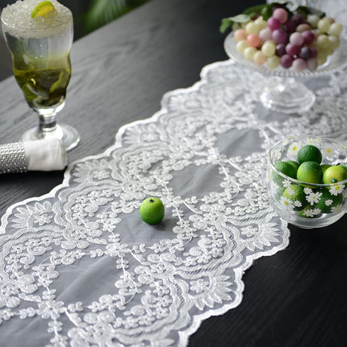 12"108") SUTAVIA Lace Patio Table Runner Embroidered Dresser Scarf Classic Rectangular Macrame Tablerunner for Kitchen