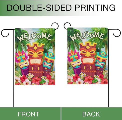Welcome Summer Tiki Aloha Hibiscus Frangipani Flower Garden Flag, Tropical Outdoor Small Decor for Home