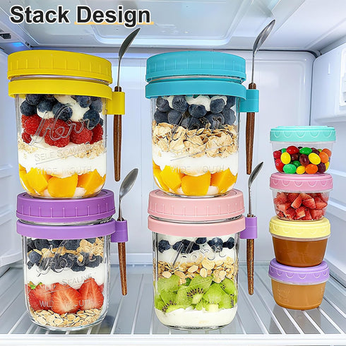 4-pack 16oz Overnight Oats Containers with Lids, Overnight Oats Jars with Spoons and Small Containers, Glass Mason Jar